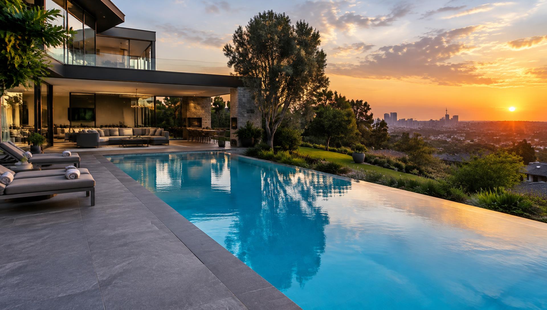 Luxury swimming pool at sunset